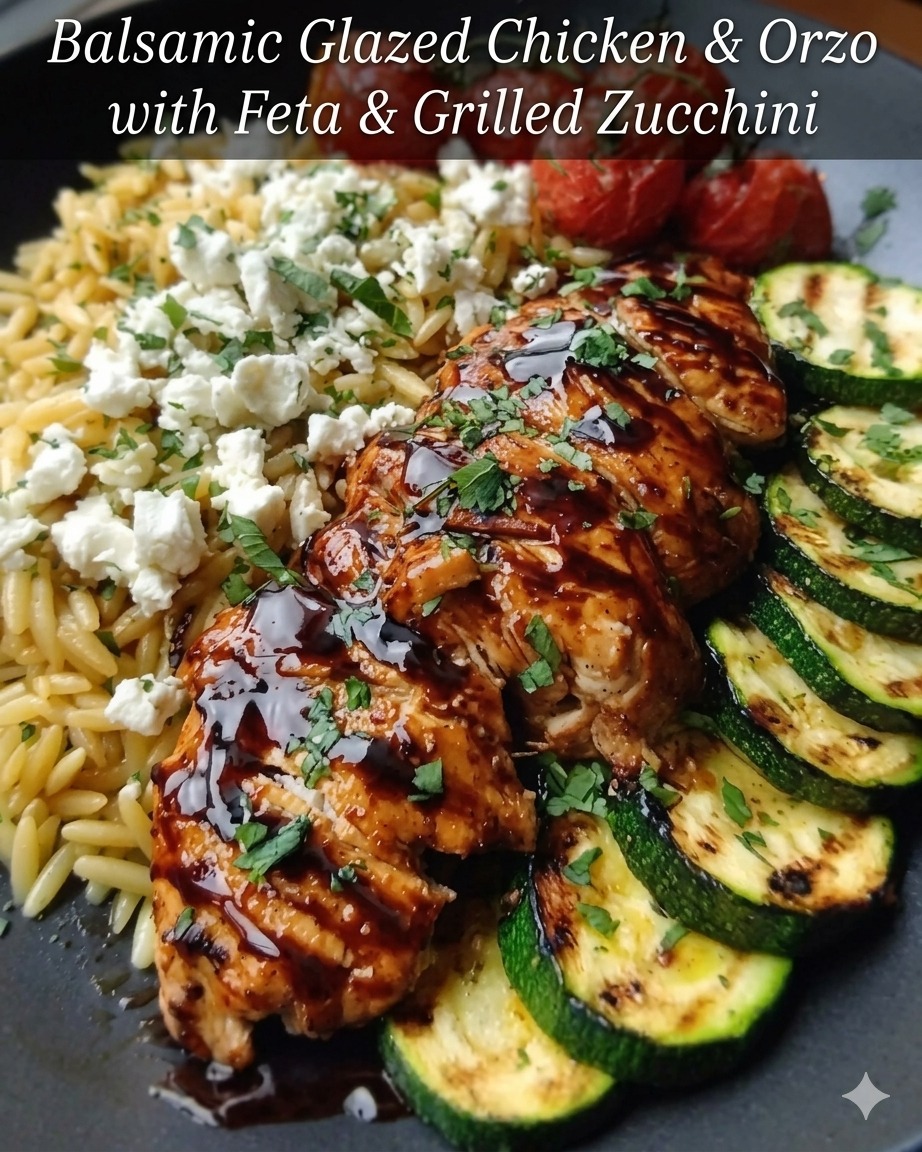 Balsamic Glazed Chicken Orzo with Feta Grilled Zucchini