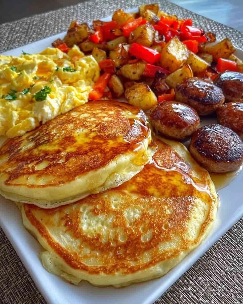 Big Breakfast Plate with Pancakes Scrambled Eggs Sausage