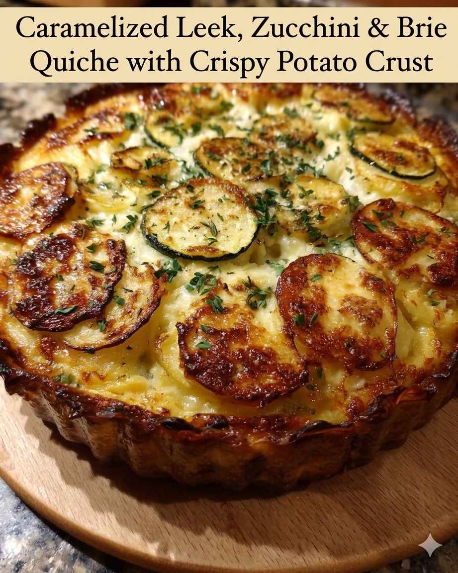 Caramelized Leek Zucchini Brie Quiche with Crispy Potato Crust
