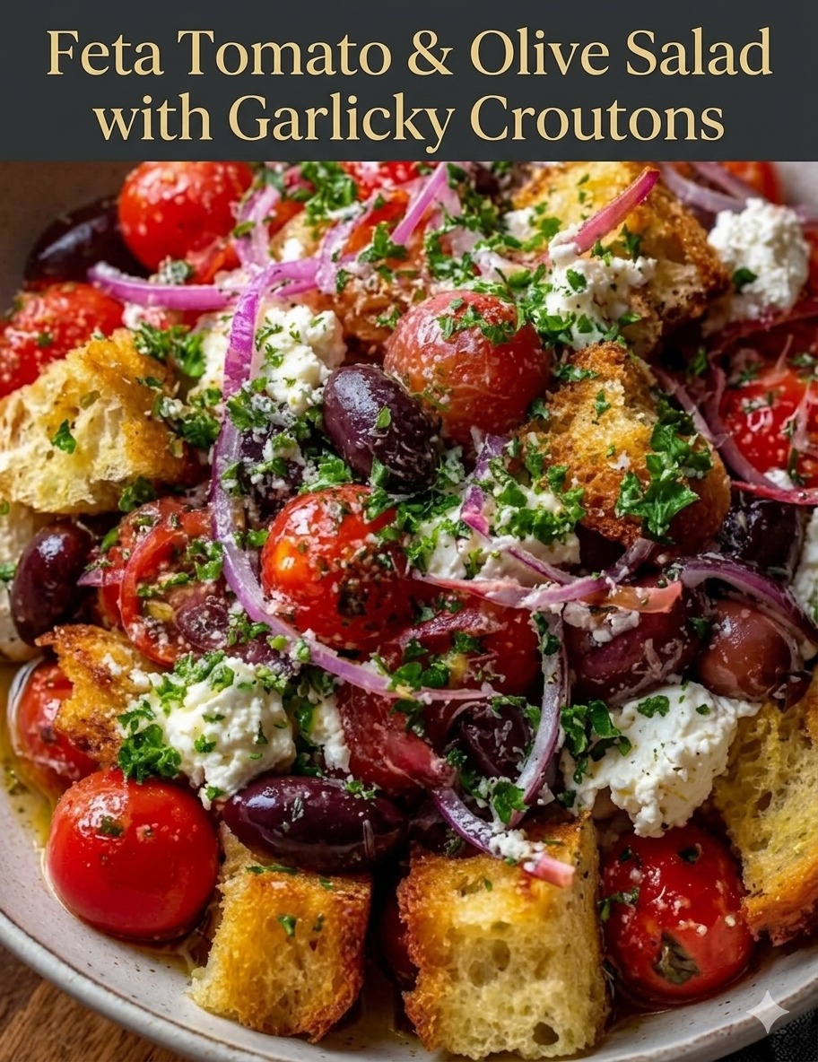 Feta Tomato Olive Salad with Garlicky Croutons