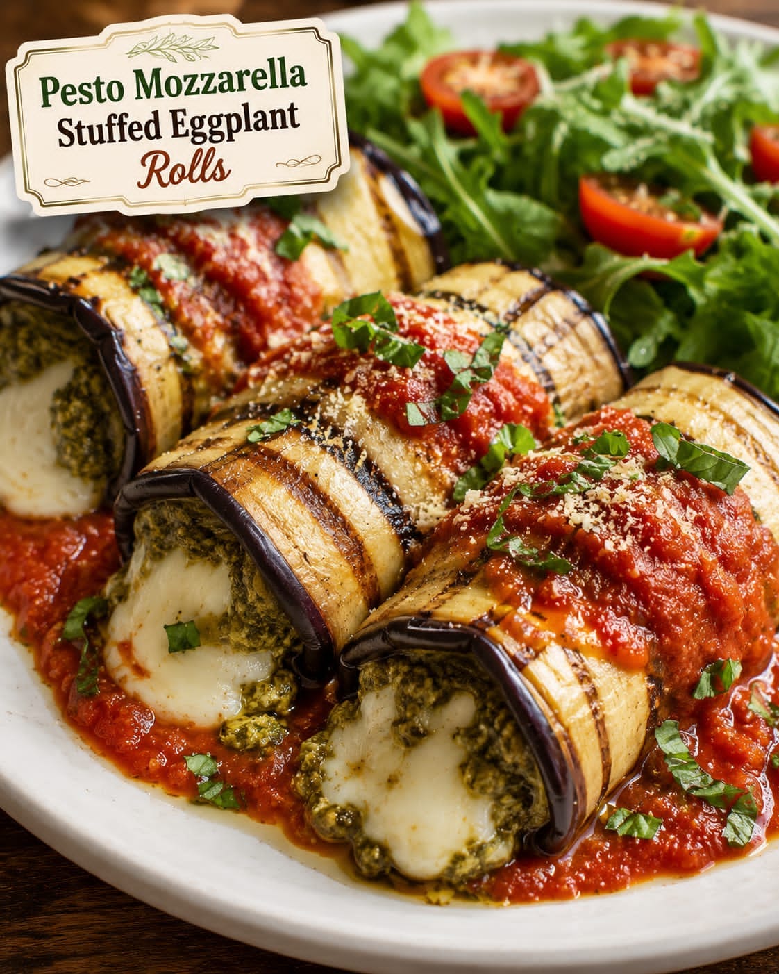 Pesto Mozzarella Stuffed Eggplant Rolls