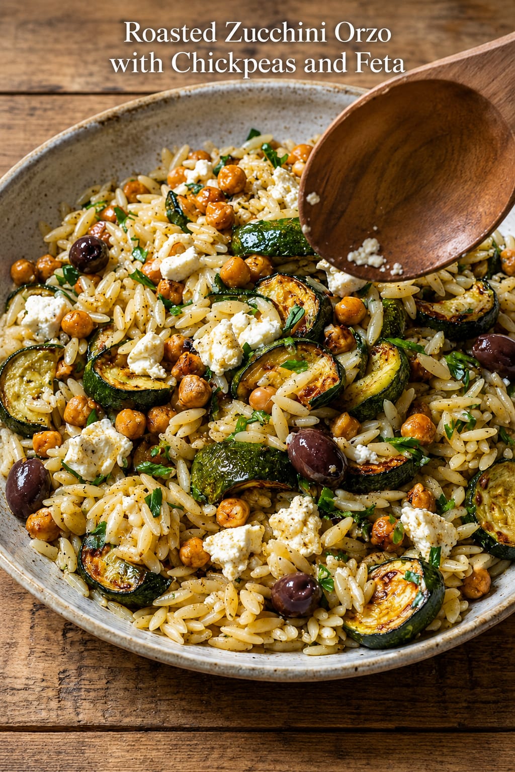 Roasted Zucchini Orzo with Chickpeas and Feta