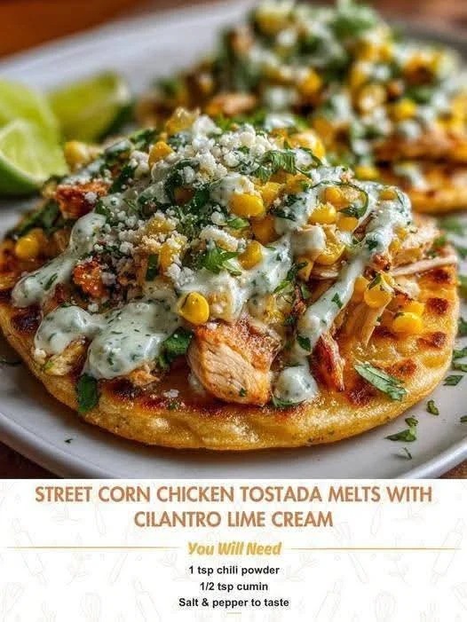 Street Corn Chicken Tostada Melts with Cilantro Lime Cream