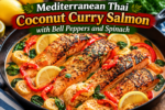 Coconut Curry Salmon with bell peppers and spinach in a creamy coconut curry sauce