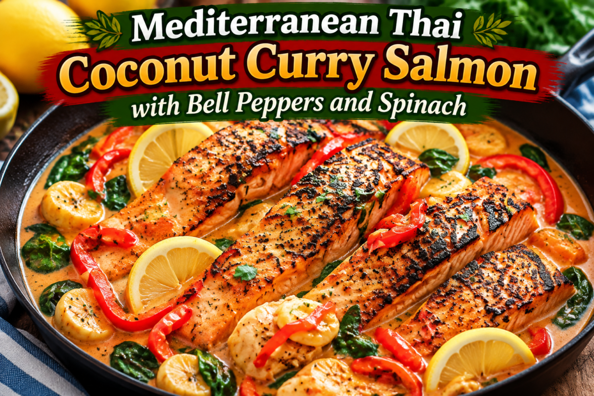 Coconut Curry Salmon with bell peppers and spinach in a creamy coconut curry sauce