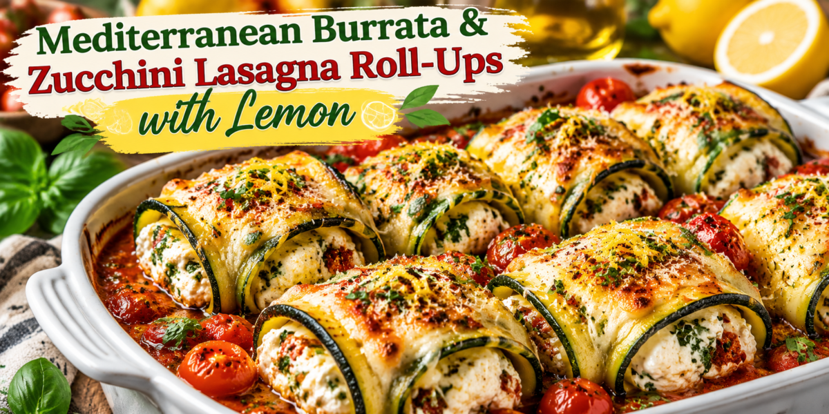 Zucchini Lasagna Roll Ups with burrata cheese, lemon, herbs, and Mediterranean tomato sauce