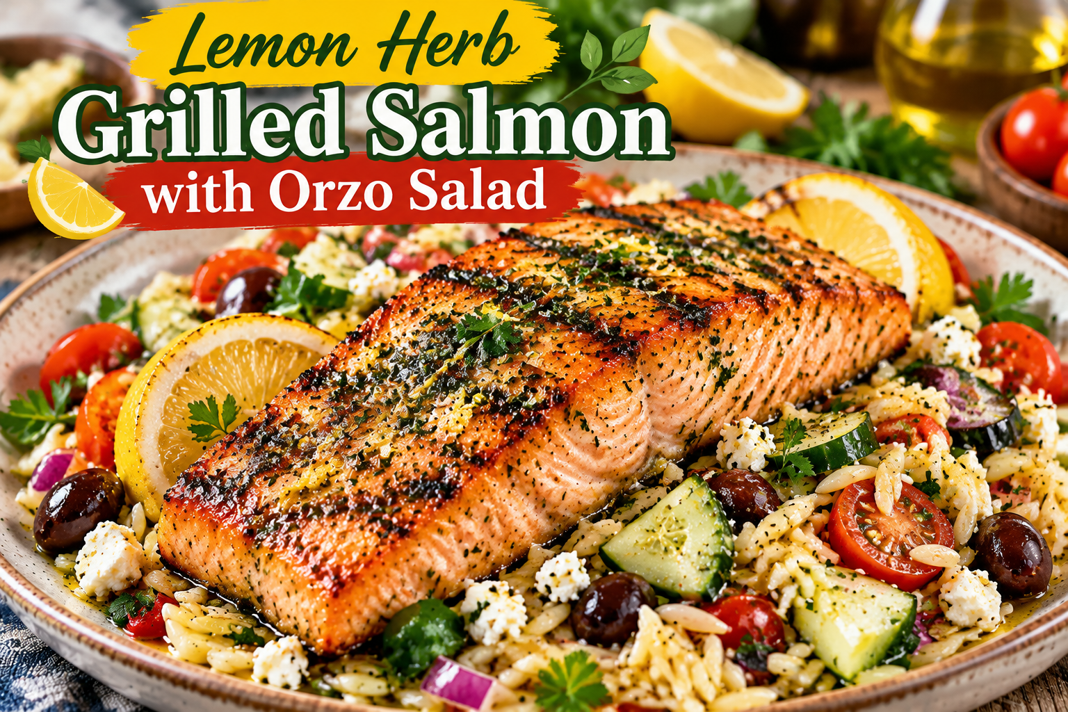 Grilled Salmon Orzo with lemon herb salmon and Mediterranean orzo salad