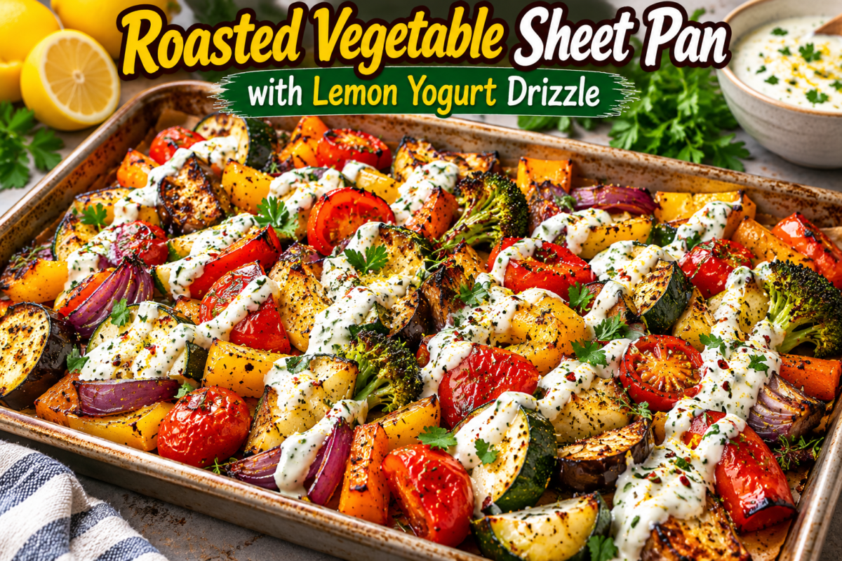 Roasted Vegetable Sheet Pan with colorful roasted zucchini, bell peppers, tomatoes, broccoli, eggplant, red onion, and lemon yogurt drizzle