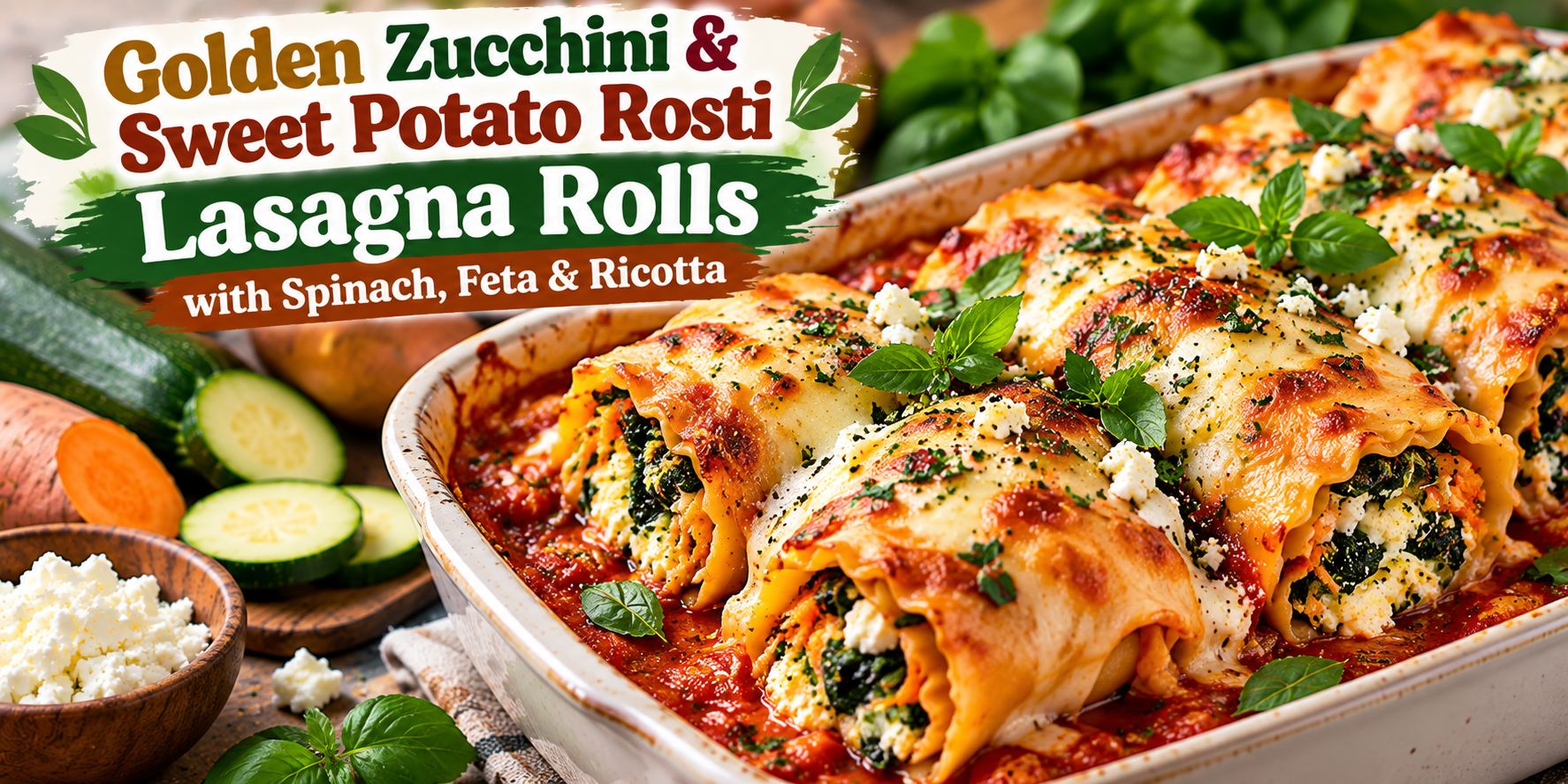 Golden zucchini and sweet potato rosti lasagna rolls filled with spinach, feta, and ricotta in tomato sauce