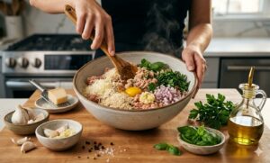 Ground chicken mixture with garlic, Parmesan cheese, breadcrumbs, and herbs for Garlic Parmesan Chicken Meatloaf