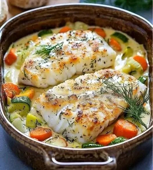 1 Mediterranean Style Baked Cod with Vegetables Creamy Sauce