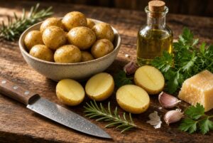 Fresh baby potatoes being prepared for Crispy Parmesan Roasted Potatoes recipe