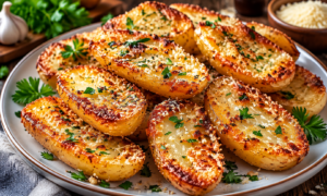 Crispy Parmesan Roasted Potatoes with golden edges, Parmesan crust, garlic, and fresh parsley