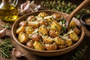Crispy Parmesan Roasted Potatoes with garlic, herbs, and golden Parmesan crust