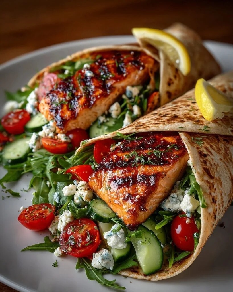 11 Greek Salmon Arugula Wraps with Lemon Dressing