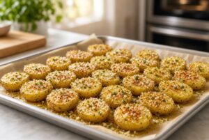 Seasoned potatoes arranged on a baking tray for Crispy Parmesan Roasted Potatoes recipe