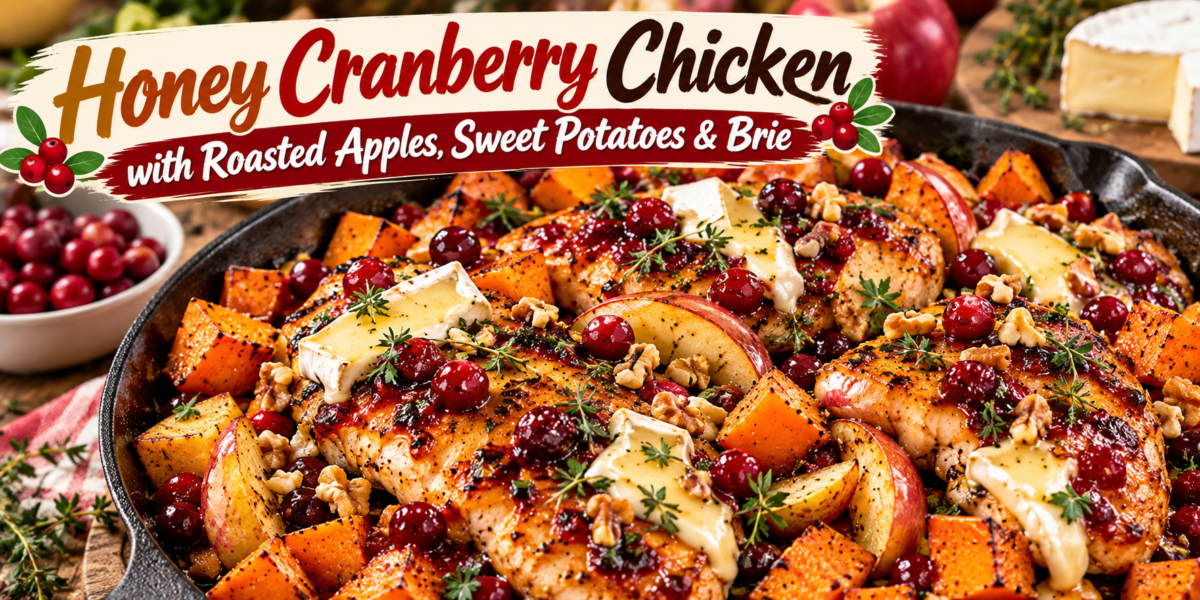 Cranberry Chicken with roasted apples, sweet potatoes, Brie, walnuts, and honey cranberry glaze