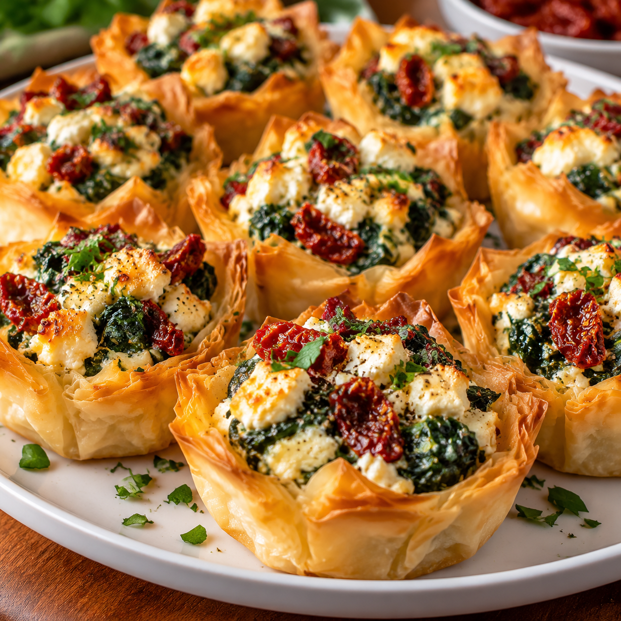 Stuffed Phyllo Cups filled with spinach feta cheese and sun-dried tomatoes Mediterranean appetizer