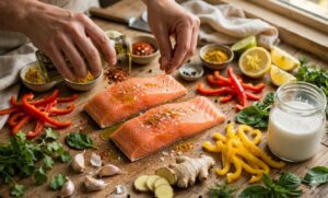 Fresh salmon fillets being prepared with spices and ingredients for Coconut Curry Salmon with bell peppers and spinach