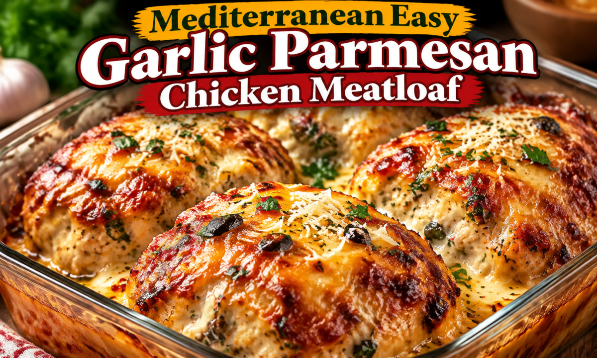 Garlic Parmesan Chicken Meatloaf with golden Parmesan crust, garlic, and Mediterranean herbs
