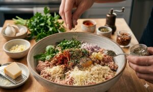 Chicken meatloaf mixture seasoned with garlic, Parmesan cheese, herbs, and spices for Garlic Parmesan Chicken Meatloaf