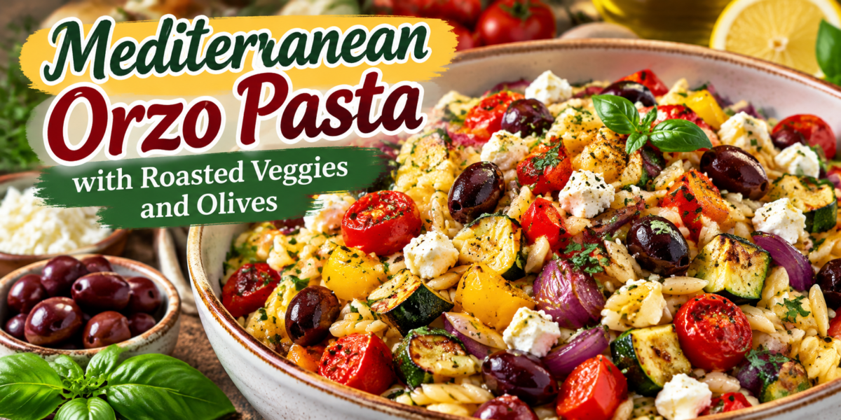 Mediterranean Orzo Pasta with roasted vegetables, olives, feta cheese, and fresh herbs