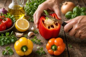 Fresh colorful bell peppers being prepared for Mediterranean Stuffed Bell Peppers with Quinoa & Feta recipe