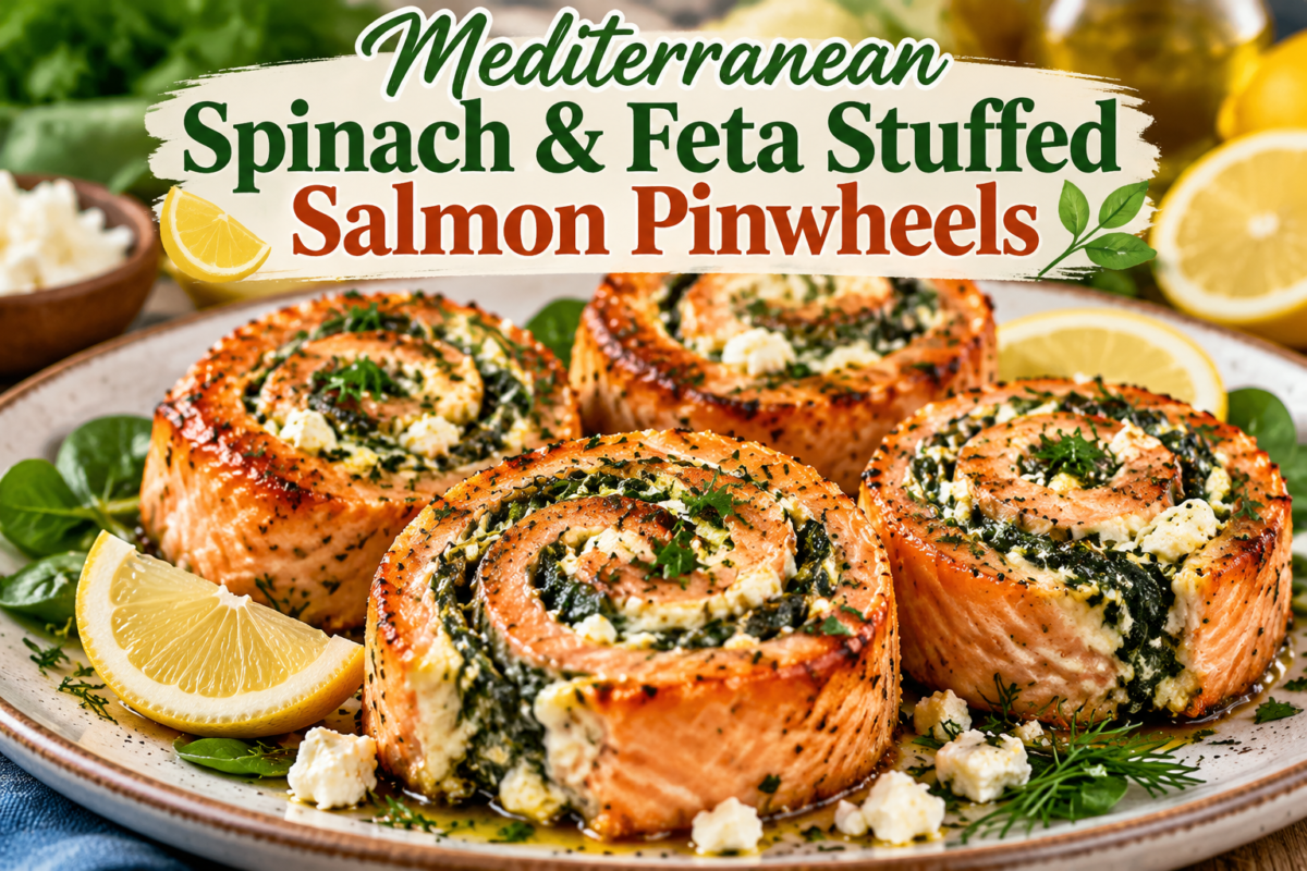 Salmon Pinwheels stuffed with spinach, feta cheese, lemon, and Mediterranean herbs served as a healthy seafood dinner