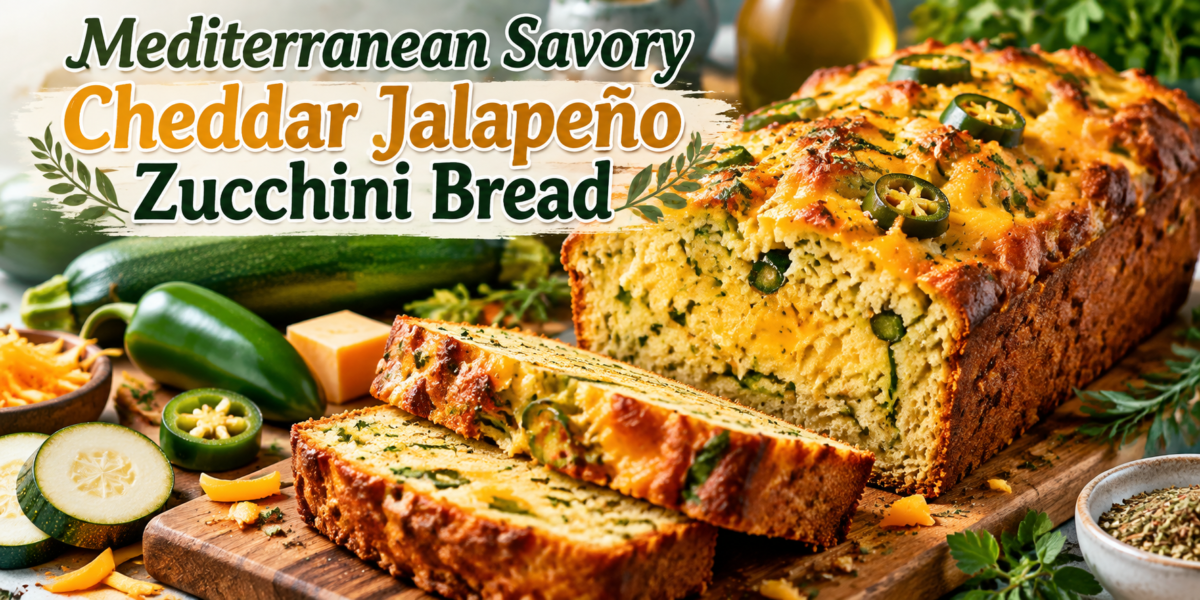 Zucchini Bread Recipe made with cheddar cheese, jalapeños, fresh zucchini, and Mediterranean herbs