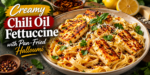 Creamy Chili Oil Fettuccine with pan-fried halloumi, Parmesan, fresh herbs, lemon, and chili oil