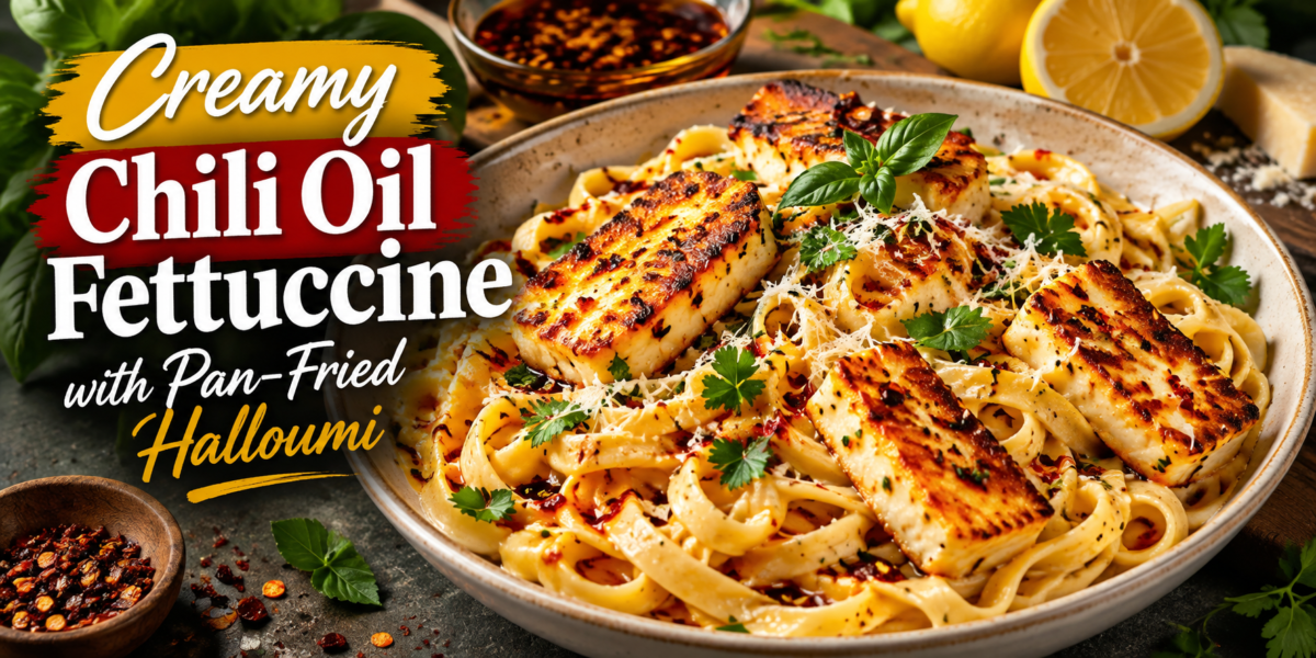 Creamy Chili Oil Fettuccine with pan-fried halloumi, Parmesan, fresh herbs, lemon, and chili oil