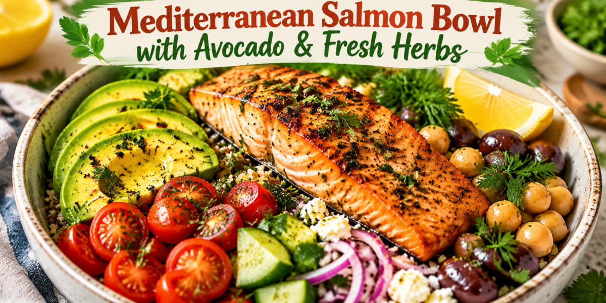 Mediterranean Salmon Bowl with Avocado & Fresh Herbs featuring grilled salmon, quinoa, avocado, fresh vegetables, and lemon herb dressing