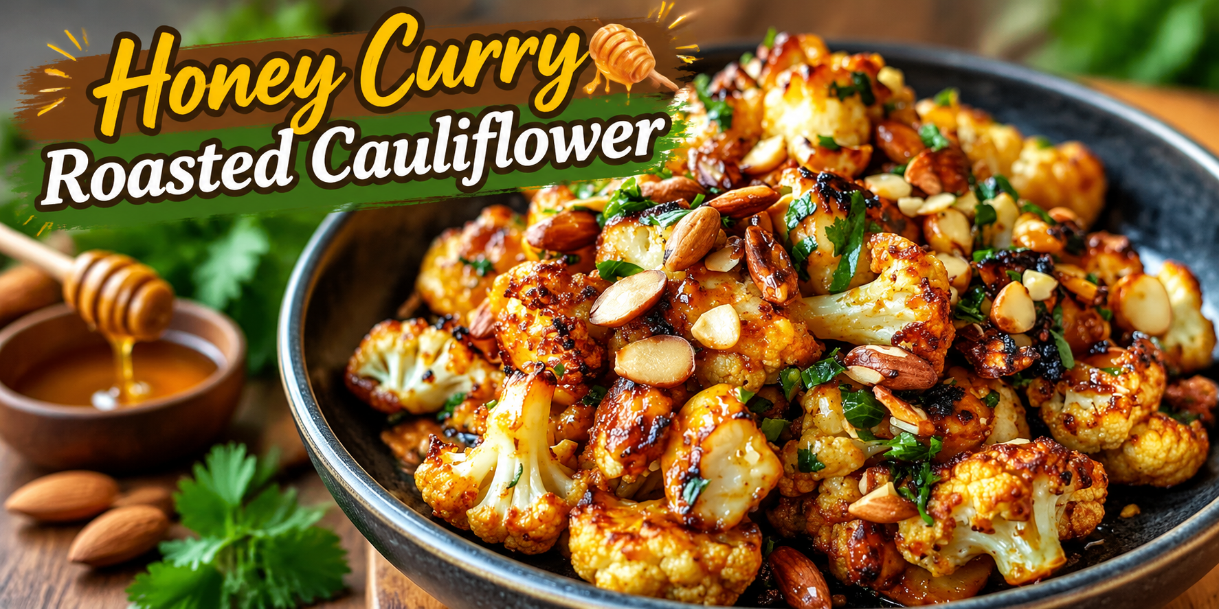 Honey Curry Roasted Cauliflower with crispy golden florets, almonds, and fresh herbs served as a healthy side dish