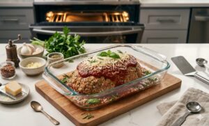 Garlic Parmesan Chicken Meatloaf shaped in a baking dish with Parmesan topping and herbs before cooking