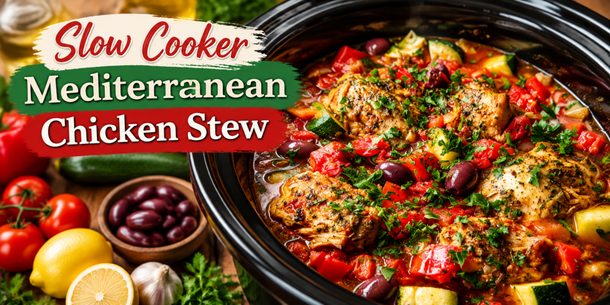 Slow Cooker Mediterranean Chicken Stew with tender chicken, tomatoes, vegetables, olives, and fresh herbs