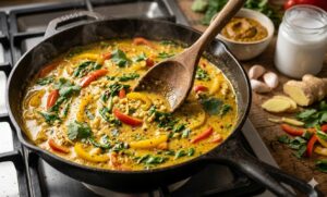 Bell peppers and spinach cooking in creamy coconut curry sauce for Coconut Curry Salmon recipe
