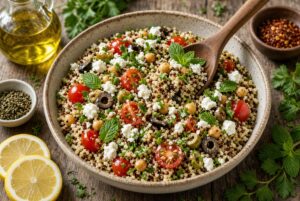 Quinoa, vegetables, chickpeas, and feta cheese filling prepared for Mediterranean Stuffed Bell Peppers with Quinoa & Feta recipe