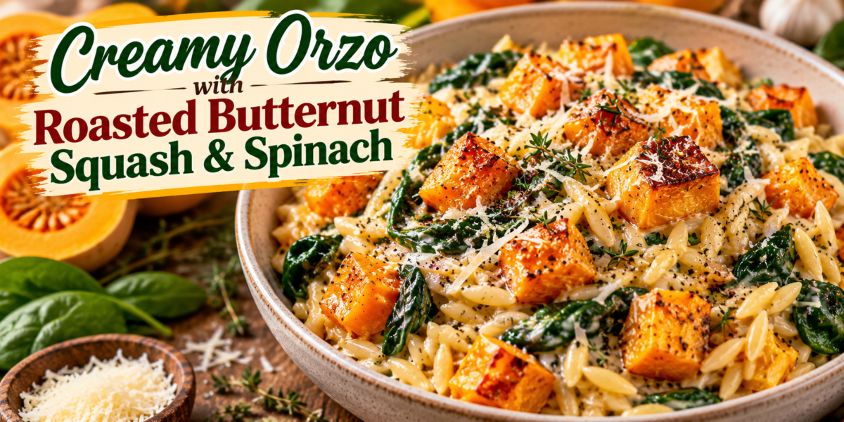 Creamy Orzo with roasted butternut squash, spinach, Parmesan, garlic, and fresh herbs