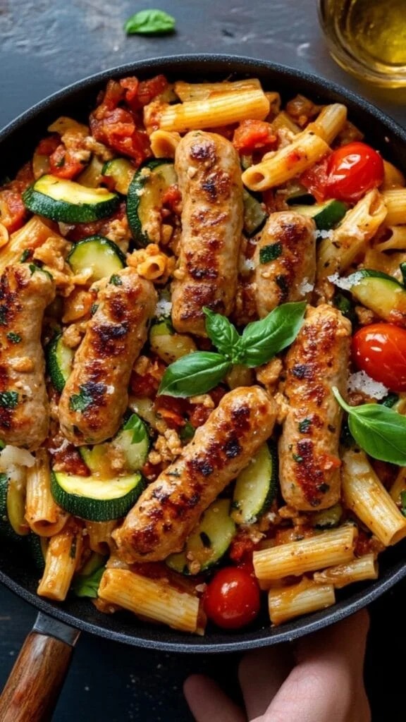 3 Savory Chicken Sausages with Zucchini and Tomato Pasta