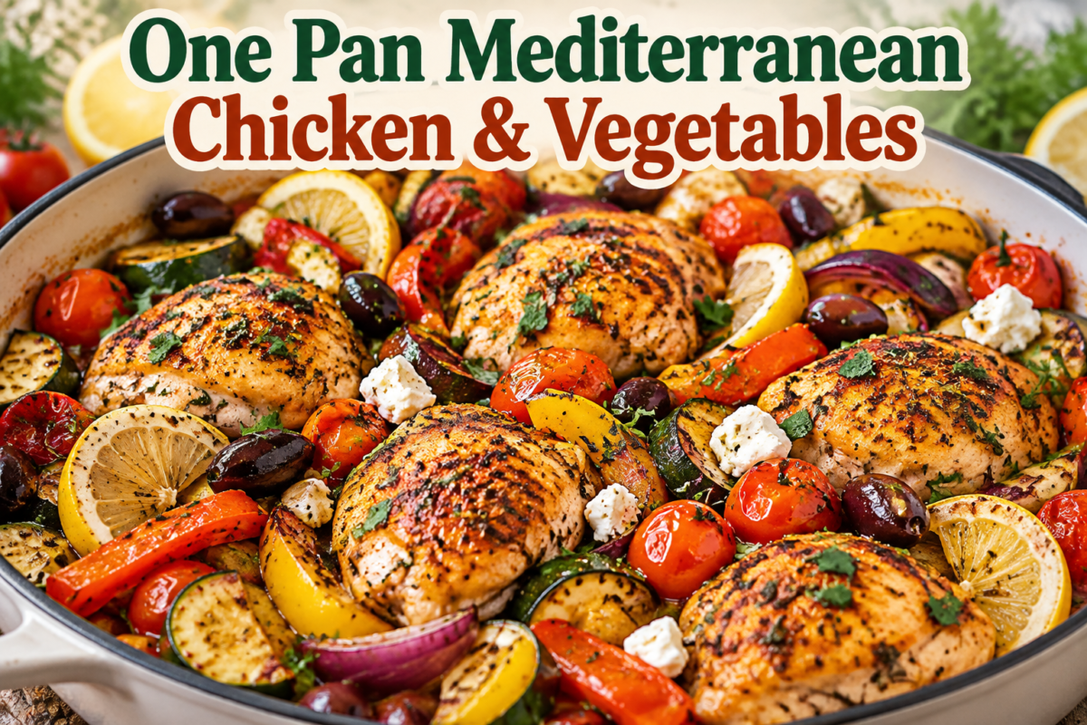 One Pan Mediterranean Chicken & Vegetables with roasted chicken, colorful vegetables, herbs, and olive oil