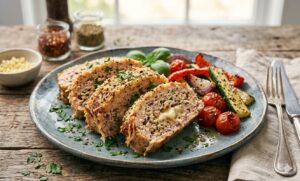 Garlic Parmesan Chicken Meatloaf sliced and served with a golden Parmesan crust, herbs, and Mediterranean flavors