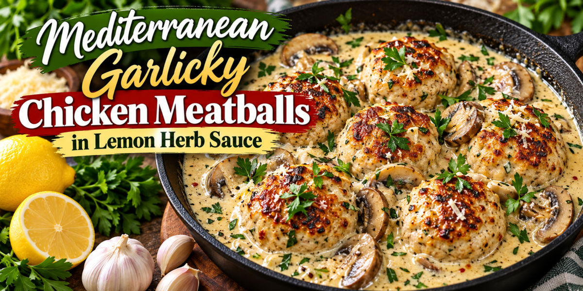 Mediterranean Garlicky Chicken Meatballs in Lemon Herb Sauce with mushrooms and fresh parsley