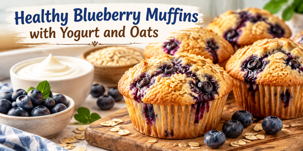 Healthy Blueberry Muffins with Yogurt and Oats on a wooden board with fresh blueberries