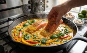 Creamy coconut curry sauce with bell peppers and spinach prepared for Coconut Curry Salmon recipe