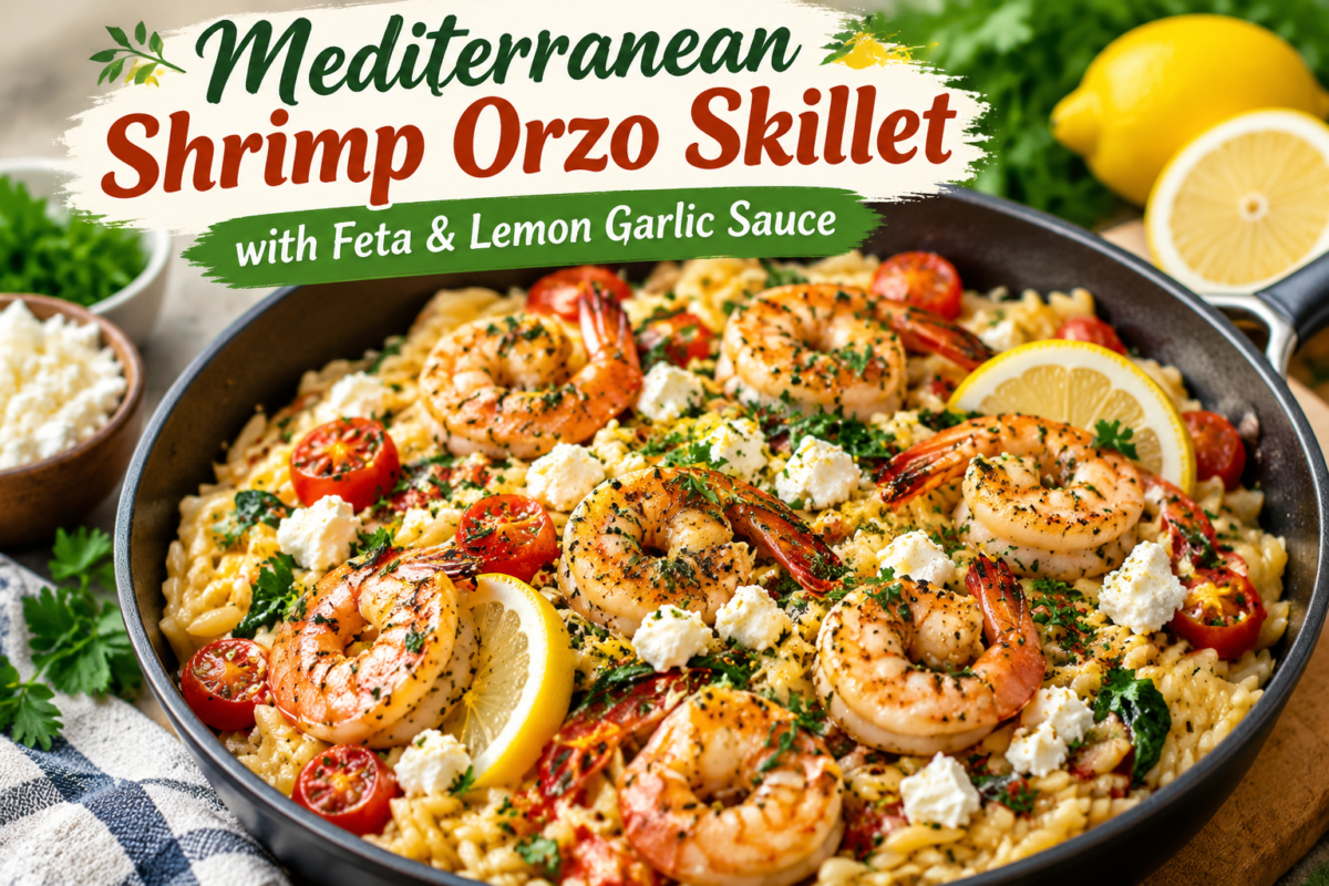 Shrimp Orzo Skillet with juicy shrimp, feta cheese, lemon garlic sauce, cherry tomatoes, herbs, and Mediterranean flavors