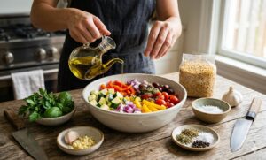 Fresh vegetables and Mediterranean ingredients prepared for Mediterranean Orzo Pasta with roasted veggies and olives