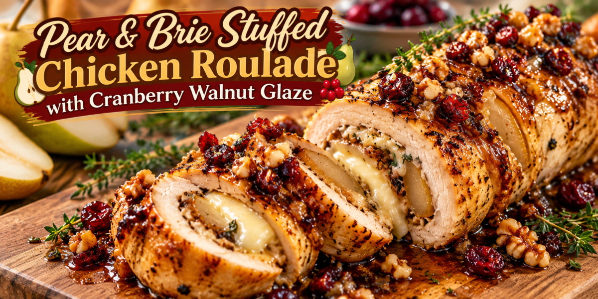 Chicken Roulade stuffed with pear and Brie with cranberry walnut glaze