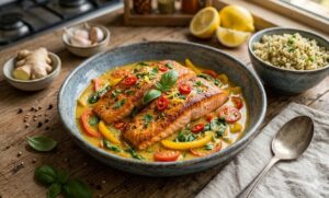 Coconut Curry Salmon with bell peppers and spinach served in a creamy coconut curry sauce