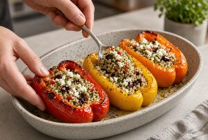 Hands filling colorful bell peppers with quinoa and feta mixture for Mediterranean Stuffed Bell Peppers with Quinoa & Feta recipe