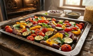 Roasted zucchini, bell peppers, cherry tomatoes, and red onions prepared for Mediterranean Orzo Pasta with olives